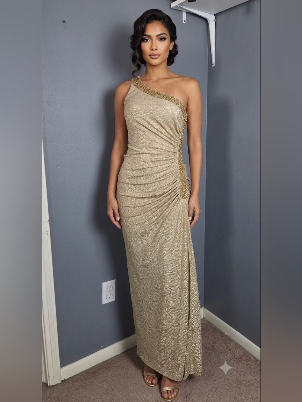 One-Shoulder Gold Evening Gown with Beaded Trim